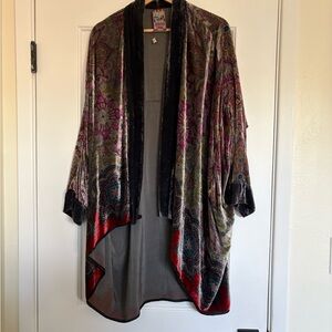 Johnny Was Plush Velvet Kimono in Deep Gray and Teal Accents